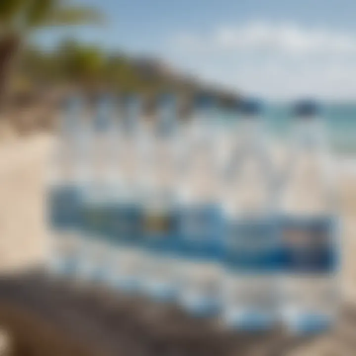 Bottled water options on a beachside table