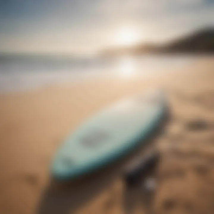 Essential surfing gear laid out on the sand