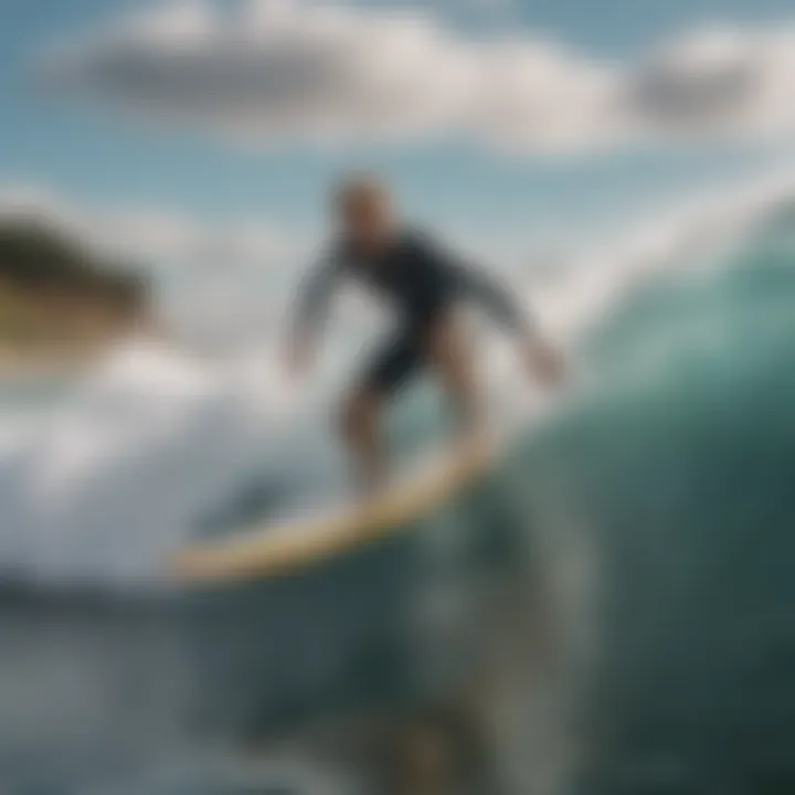 A surfer balancing on an inflatable surfboard while riding a wave