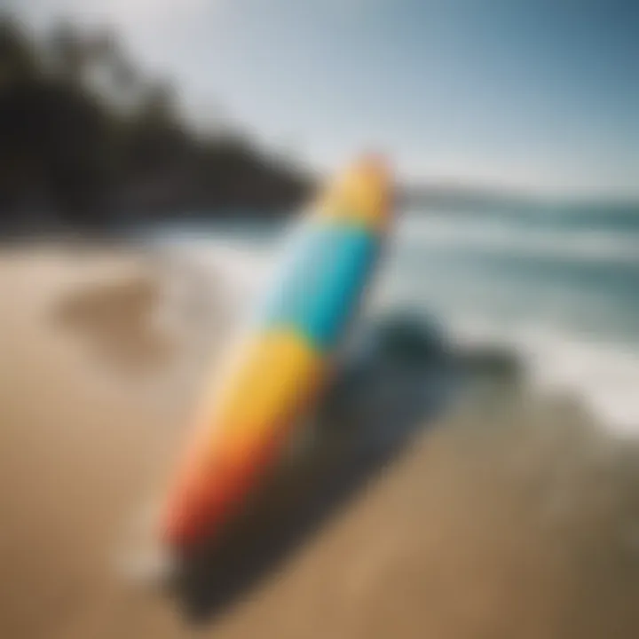 A vibrant inflatable surfboard on a sunny beach