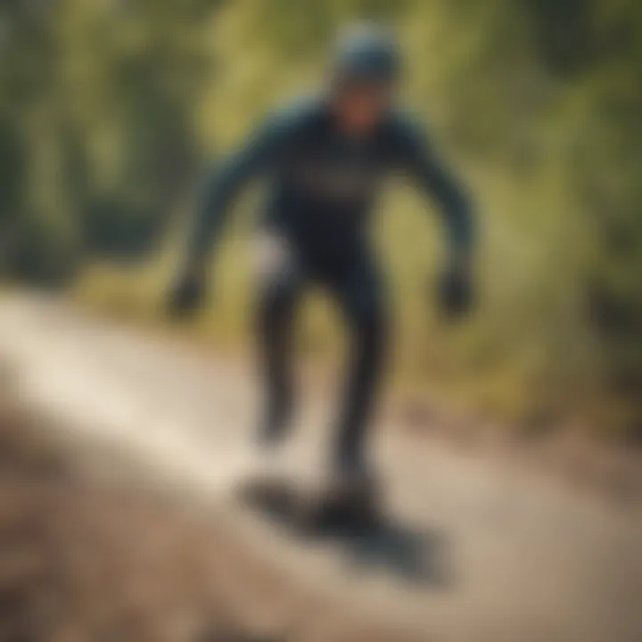 Rider demonstrating speed on a longboard downhill