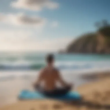 A tranquil beach setting with an individual meditating for lung capacity enhancement