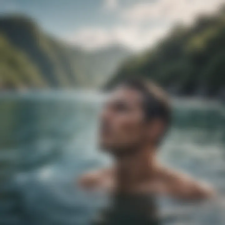 A serene ocean view with a swimmer practicing breathing techniques