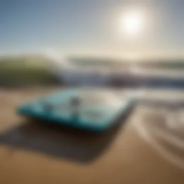 A close-up of a boogie board glistening in the sunlight with waves in the background.