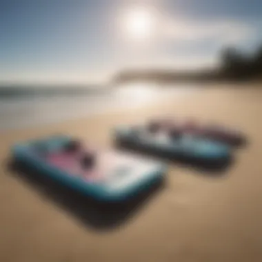 A vibrant beach scene showcasing boogie boards lined up on the sand.