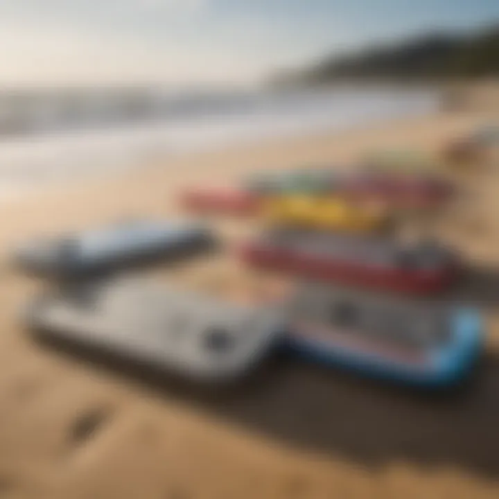 A vibrant display of various boogie boards on a sandy beach