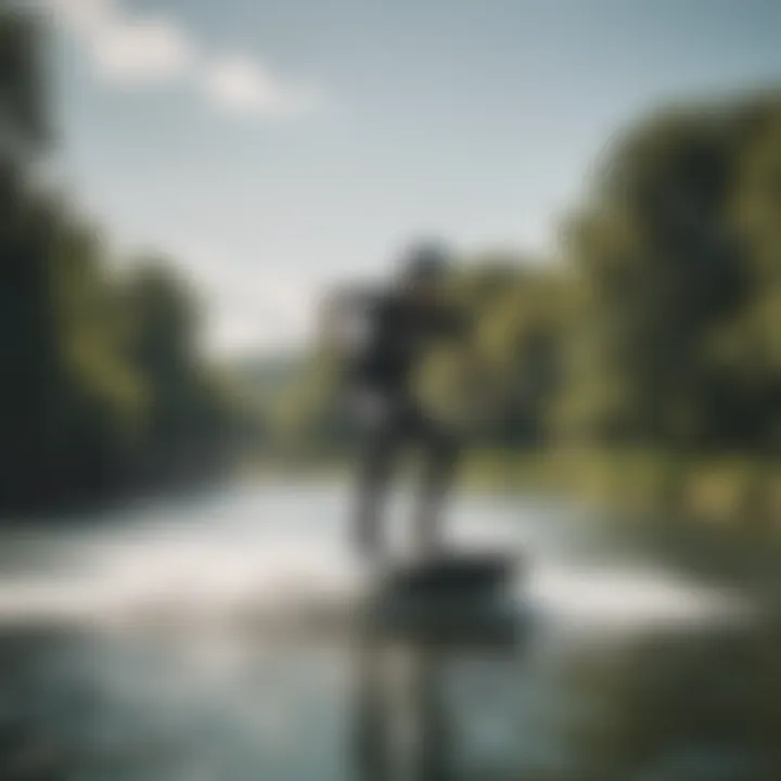 A scenic image of a wakeboarder riding on water