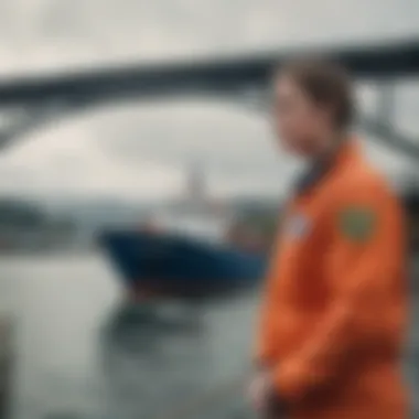 A Coast Guard officer engaging with the community at an educational event focused on maritime safety.