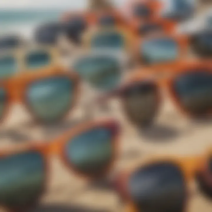 Different frame designs of surf sunglasses on display