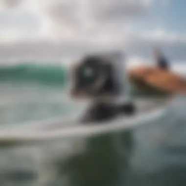 Close-up of a high-end waterproof camera on a surfboard