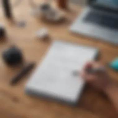 A close-up of a notepad with a vlogger's script and a pen next to it.