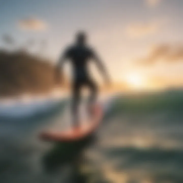 A picturesque view of surfers riding waves at sunset.