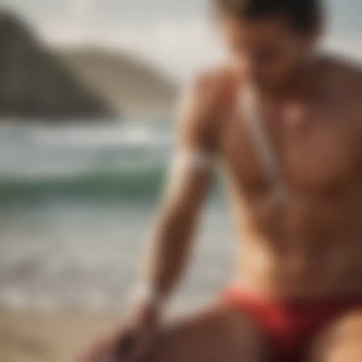 A surfer applying a bandage after a minor injury.