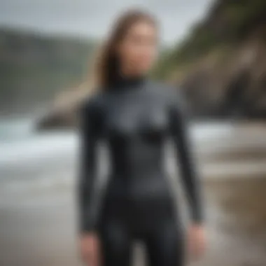 Diagram illustrating the fit of a wetsuit on a model.