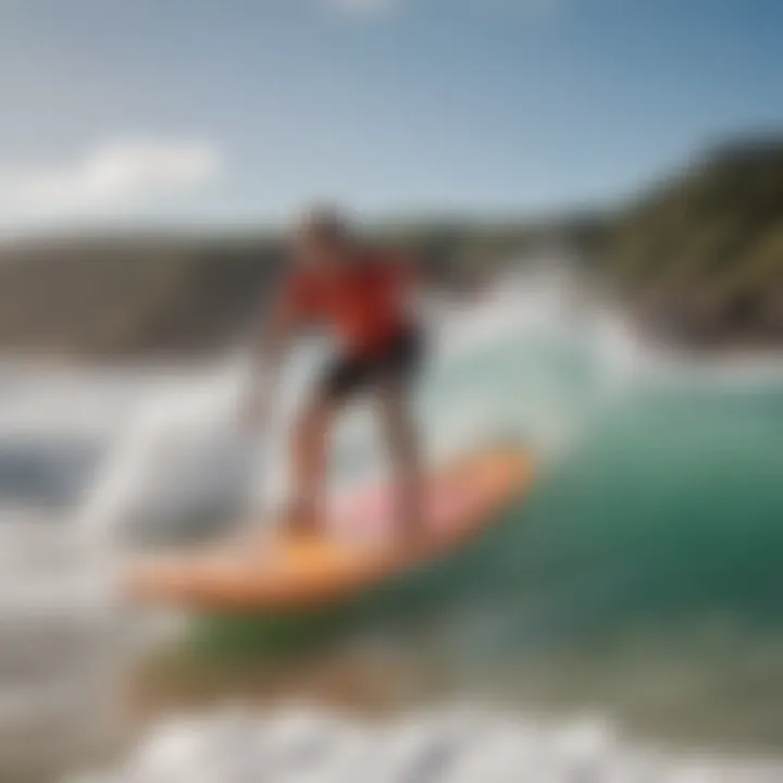 A surfer riding a wave on a brightly colored boogie board