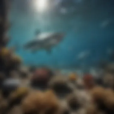 A tranquil coastal environment depicting various species of harmless sharks alongside diverse marine life, underscoring ecosystem interconnections.