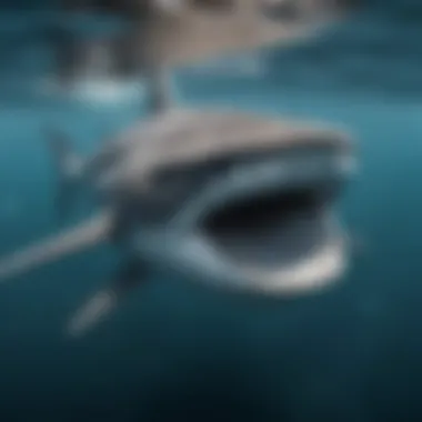 A close-up view of a gentle whale shark filtering plankton in crystal-clear waters, highlighting its unique features.