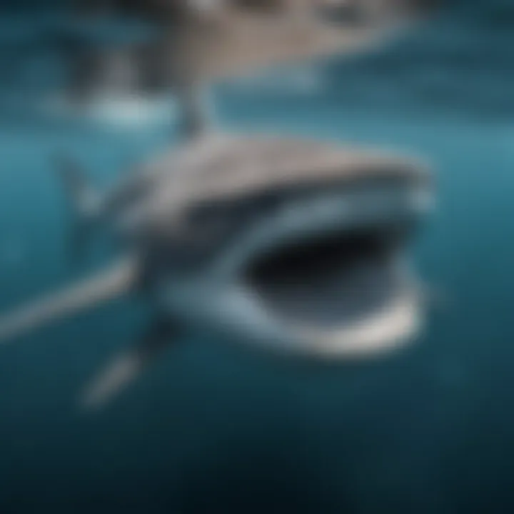 A close-up view of a gentle whale shark filtering plankton in crystal-clear waters, highlighting its unique features.