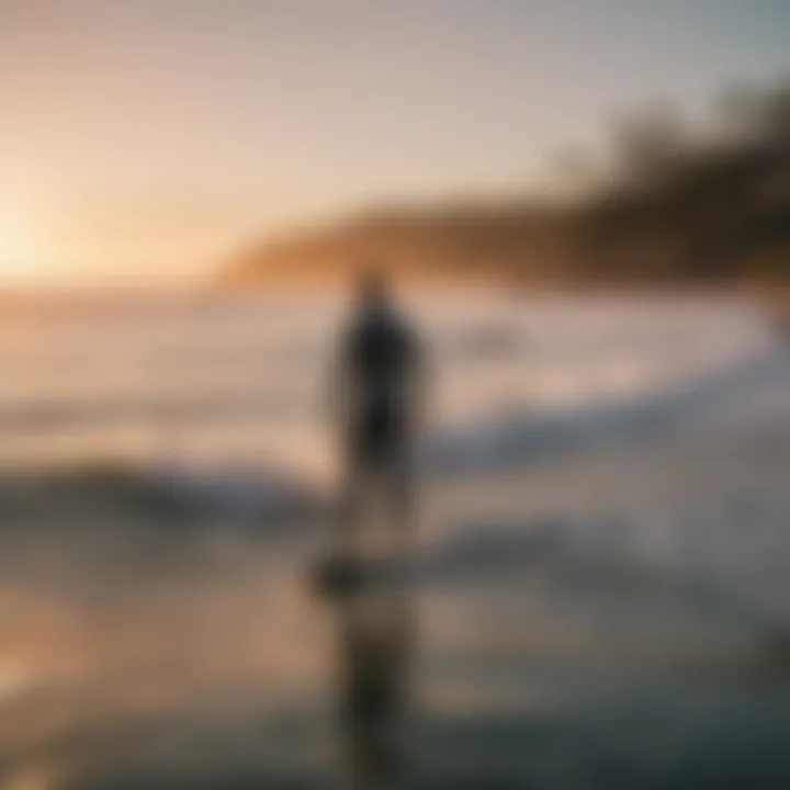 A scenic view of surfers enjoying electric surfboards at sunset