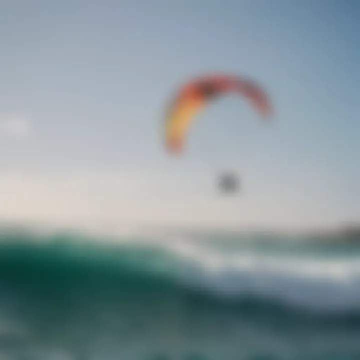 A vibrant scene of kite surfers gliding across the ocean waves