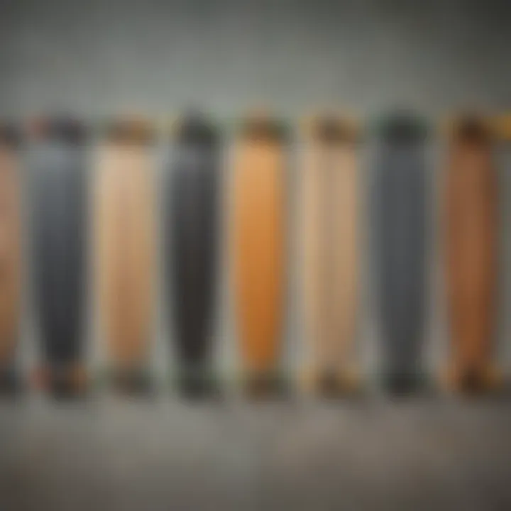 Group of longboards lined up, each representing different styles