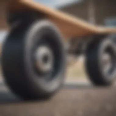 A close-up view of longboard wheels and trucks