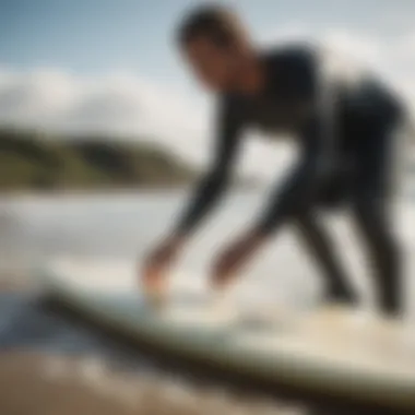 A surfer applying wax to a surfboard