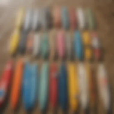 An array of foamy surf boards with varying designs, illustrating the diversity in the market.