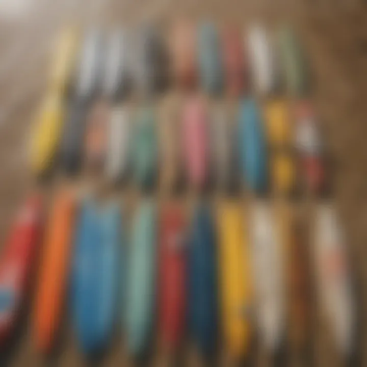 An array of foamy surf boards with varying designs, illustrating the diversity in the market.