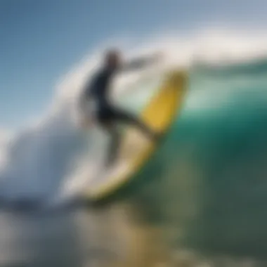 A vibrant foamy surf board in action on a wave, highlighting its performance in different conditions.