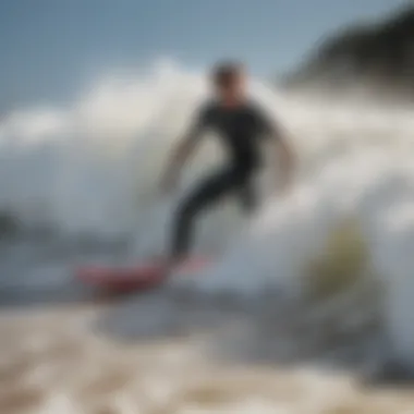 A surfer enjoying the ride on a foamy surf board, depicting the joy and experience of surfing.