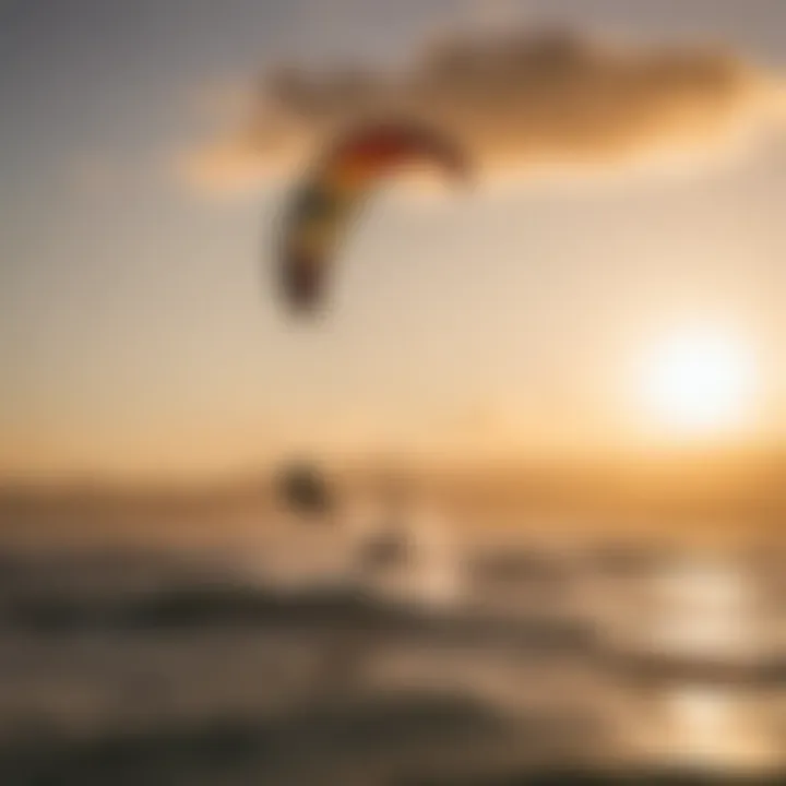 A vibrant sunset view with kitesurfers in action