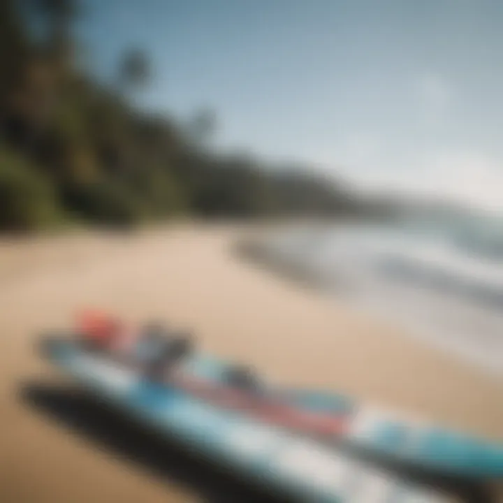 A scenic beach with paddle boards lined up for use