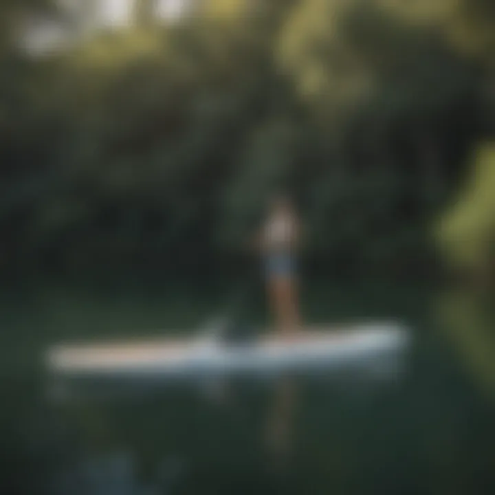 A sleek motorized paddle board gliding over calm waters