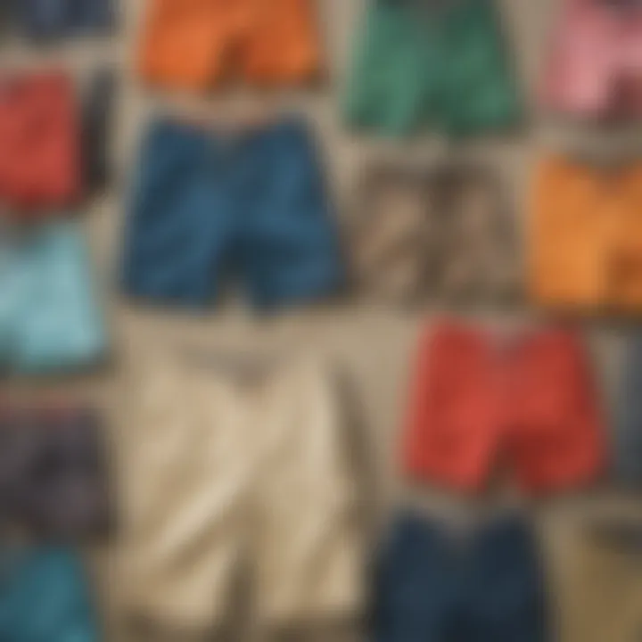 Diverse styles of long surf shorts on display