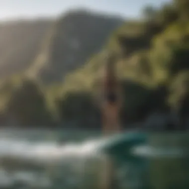Motorized Paddle Board in Action A sleek motorized stand-up paddle board gliding across tranquil waters