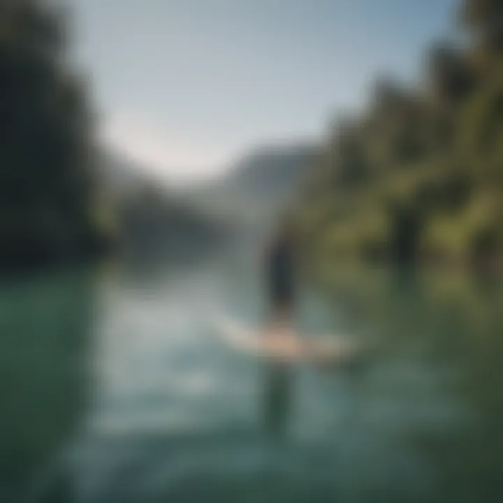 An individual enjoying a serene paddleboarding experience with a motorized board