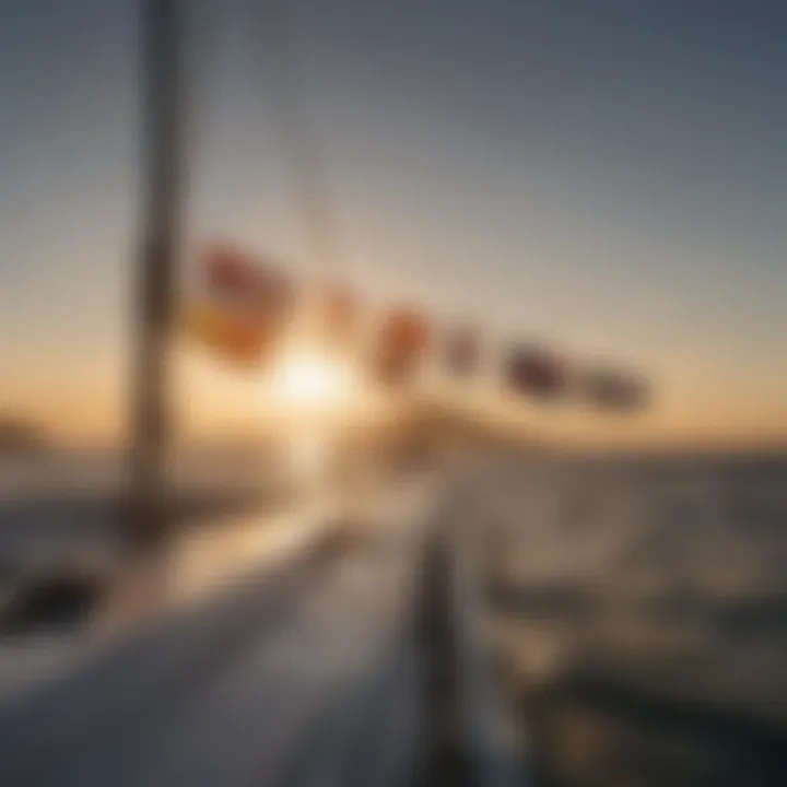 A scenic view of a boat with flags hoisted at sunset