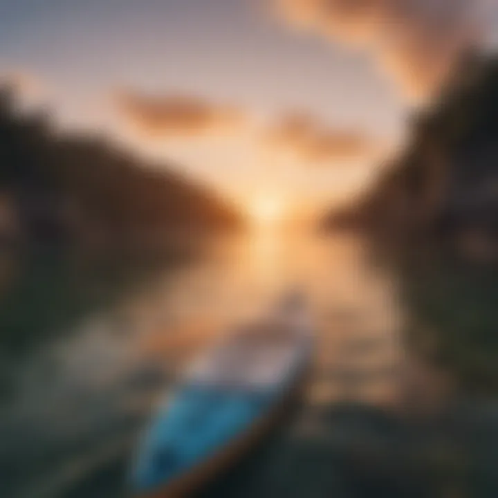 A tranquil coastal scene featuring a non-inflatable SUP against a picturesque sunset