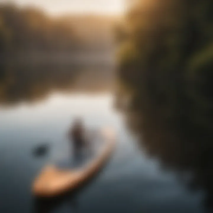 A sleek non-inflatable stand-up paddleboard on a calm lake at sunrise