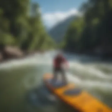 An adventurous paddler navigating through strong river currents on a non-inflatable SUP