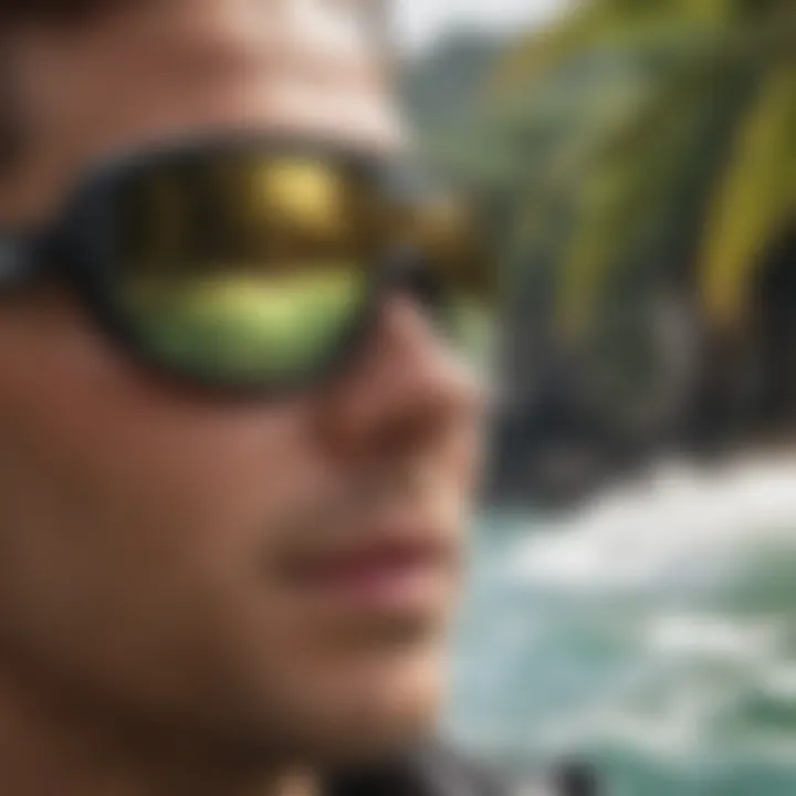 Close-up of Polar One sunglasses in a tropical watersport setting