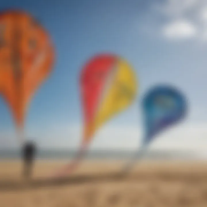 Different types of power kites displayed side by side, highlighting their variations in size and shape.