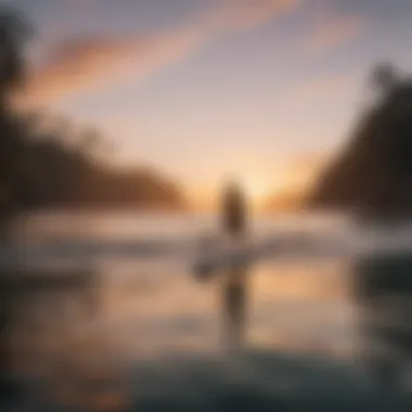 A tranquil coastal scene showcasing a surfer paddling out at dawn.