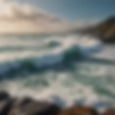 A breathtaking view of the Pacific waves crashing against a rocky shore.