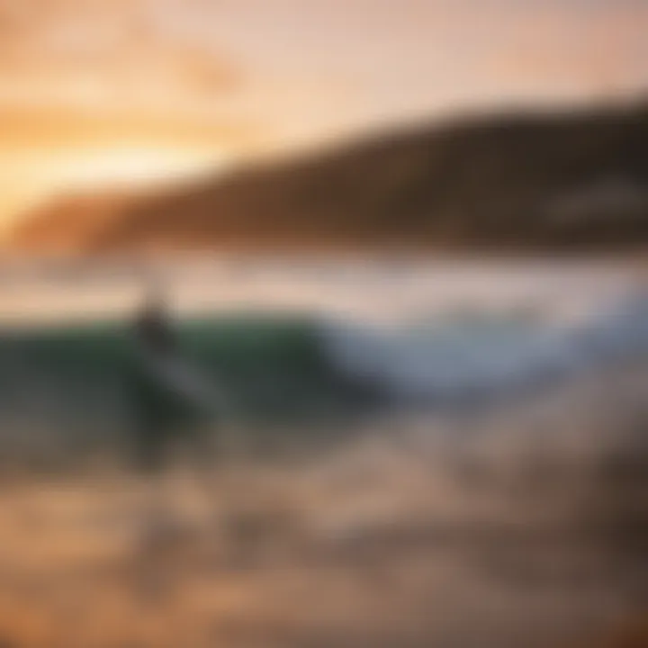 Surfers enjoying vibrant sunset sessions on a picturesque beach.