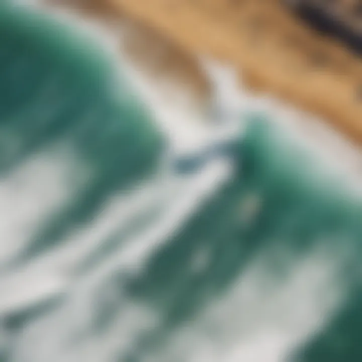 An aerial view of a bustling surf competition with waves in the background.