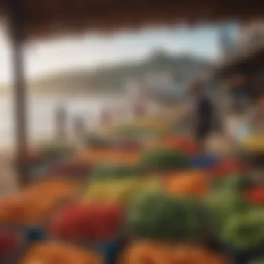 Local Market Vibrancy Near Surfing Waters A vibrant local market near a popular surfing destination