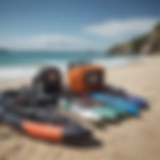 A variety of watersports equipment displayed on a beach