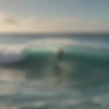 A scenic view of surfers catching waves, emphasizing the importance of sunscreen during water activities.